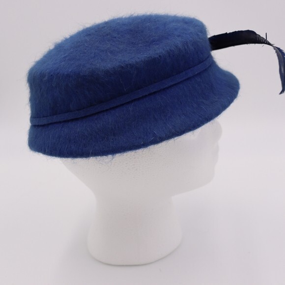 Vintage Wool Hat Blue Pillbox Hat Feather Melusse Church Hat - Picture 5 of 7